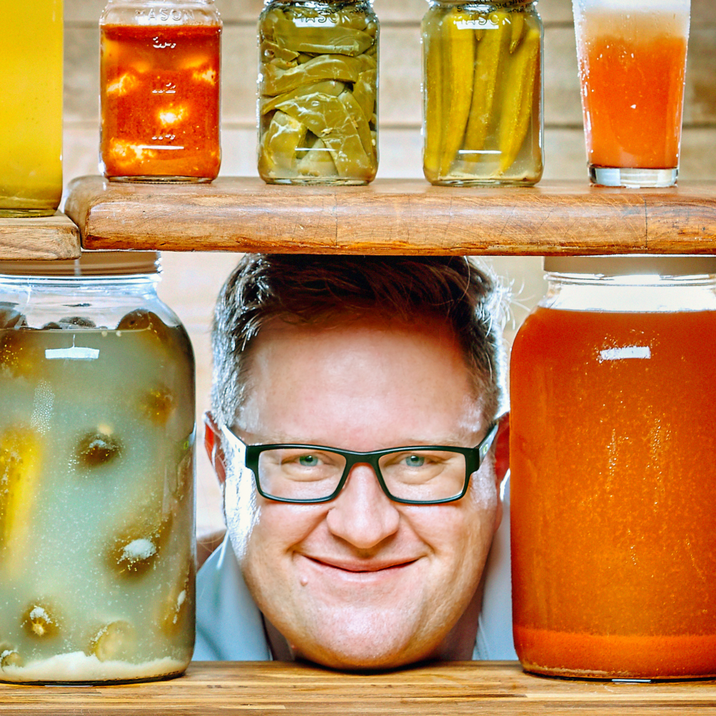 Mike Miller headshot surrounded by fermented foods